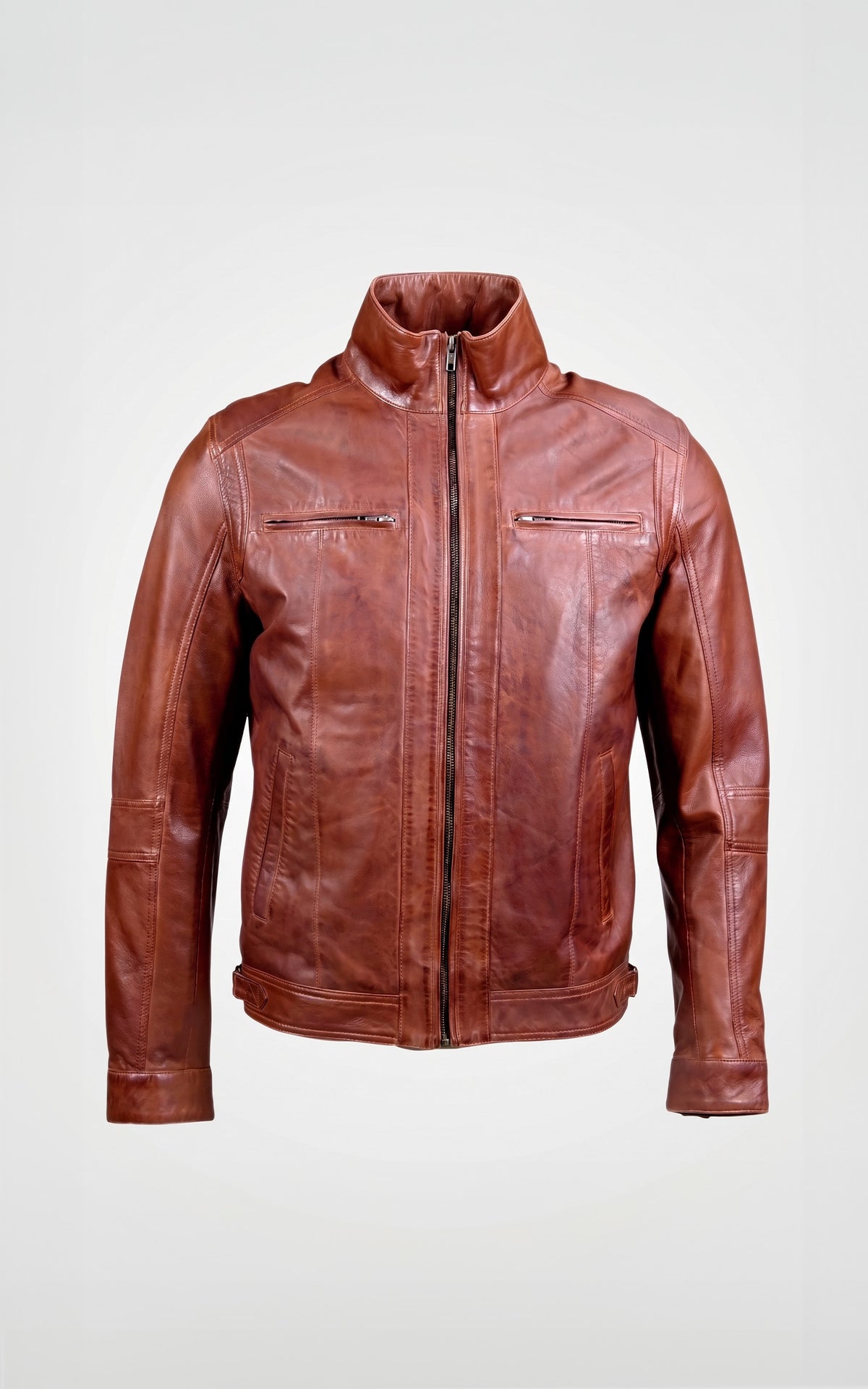 Blouson motard cuir verni Marlow cognac 2