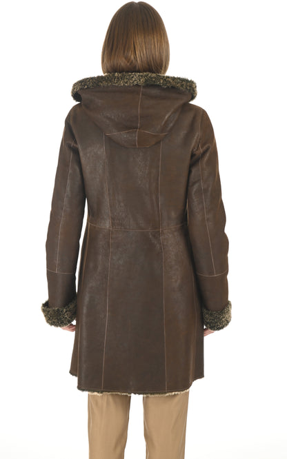 Manteau à capuche peau lainée marron