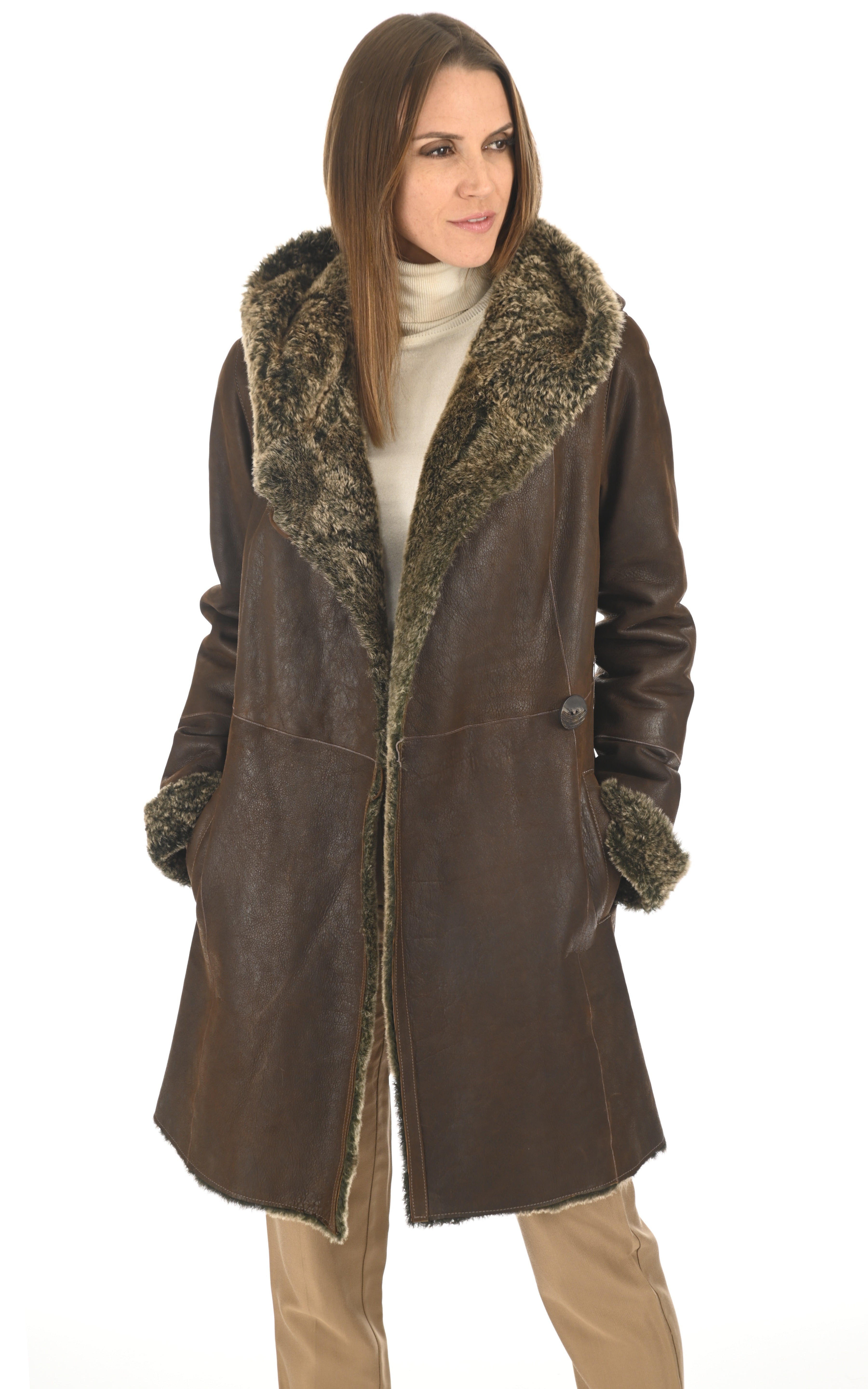 Manteau à capuche peau lainée marron