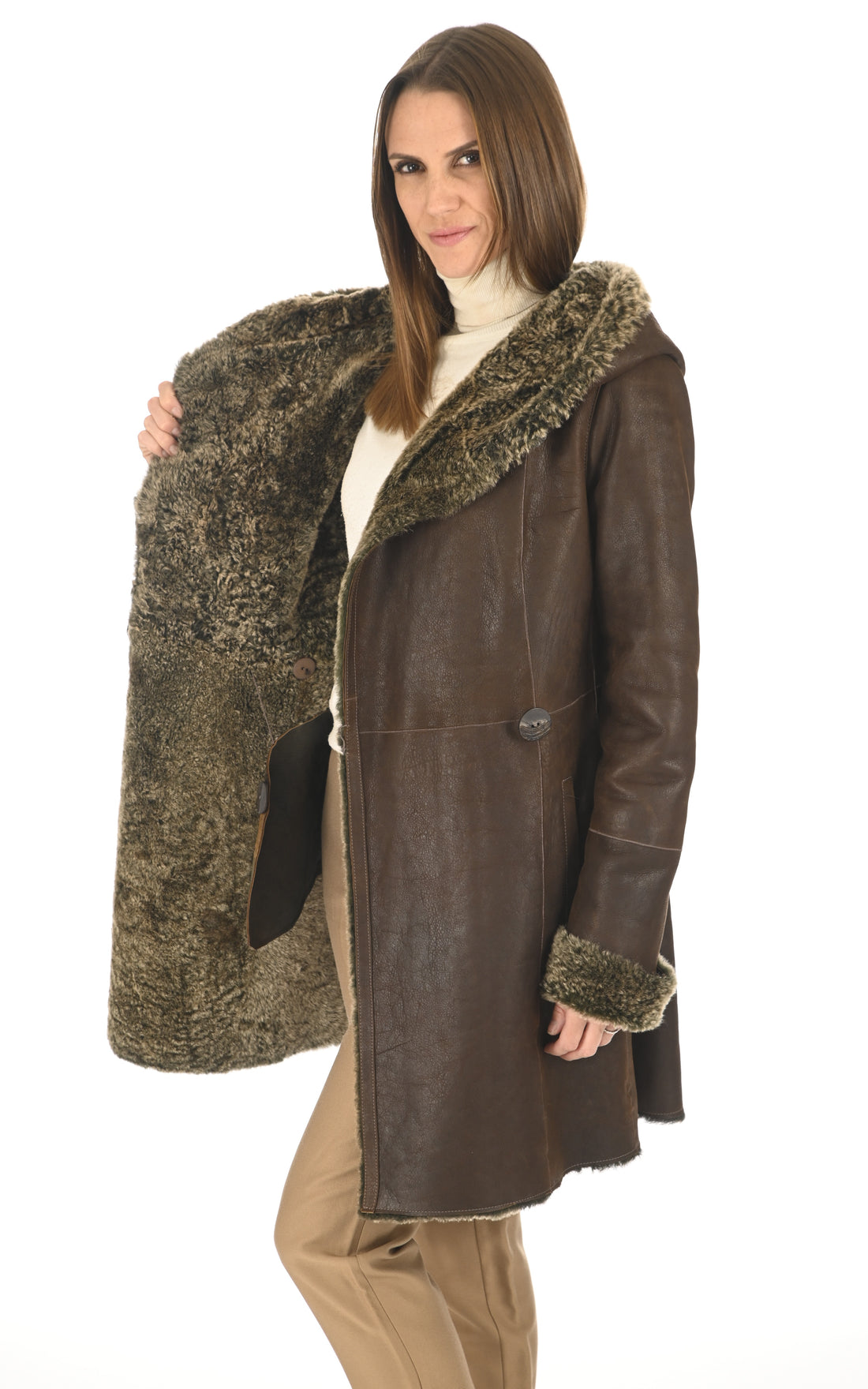 Manteau à capuche peau lainée marron