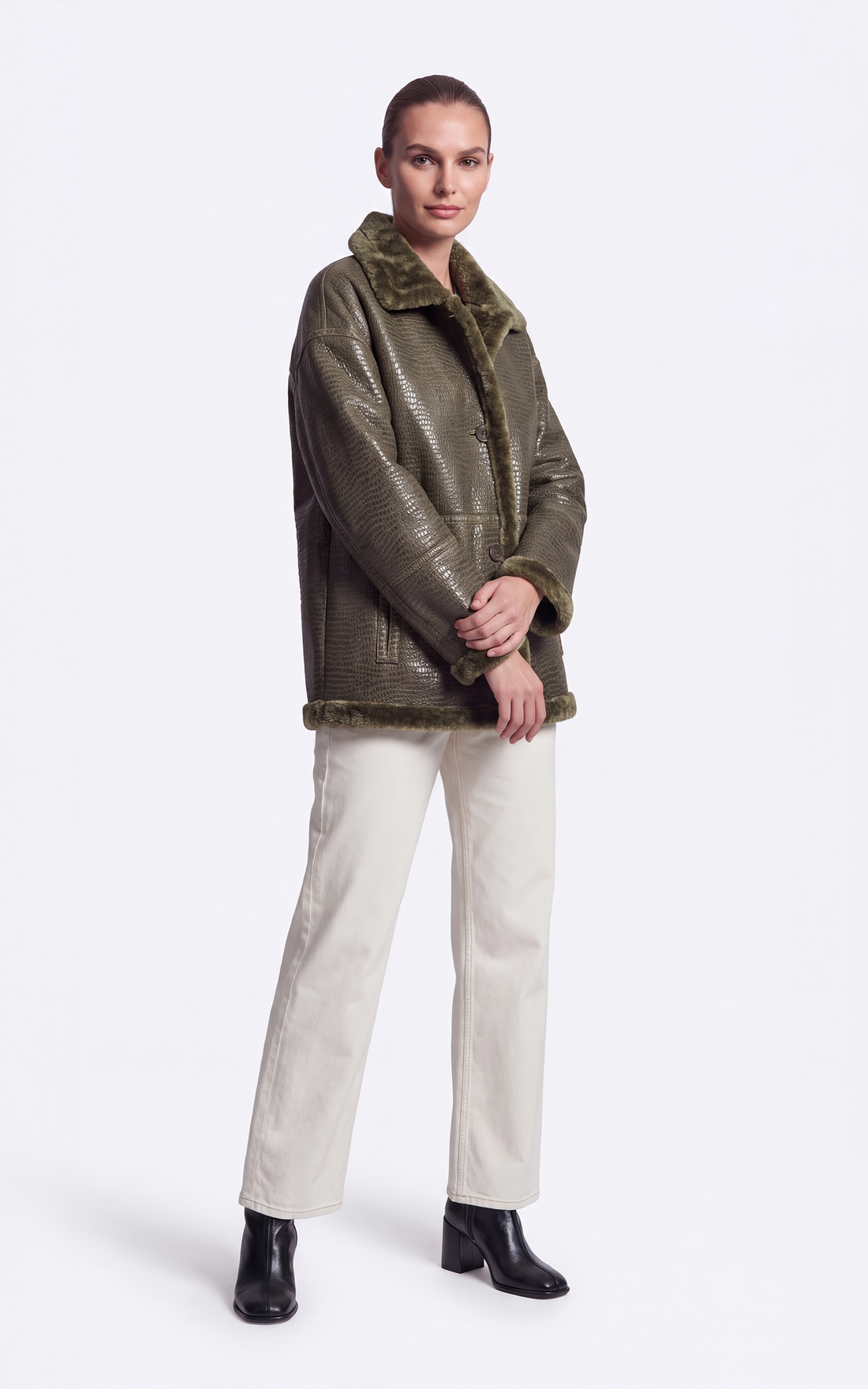 Veste peau lainée réversible Jude kaki